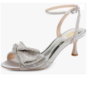 Pazzion Silver Sparkle Open Toe Rhinestone Knots Mid Heel Buckle Strap Sandals